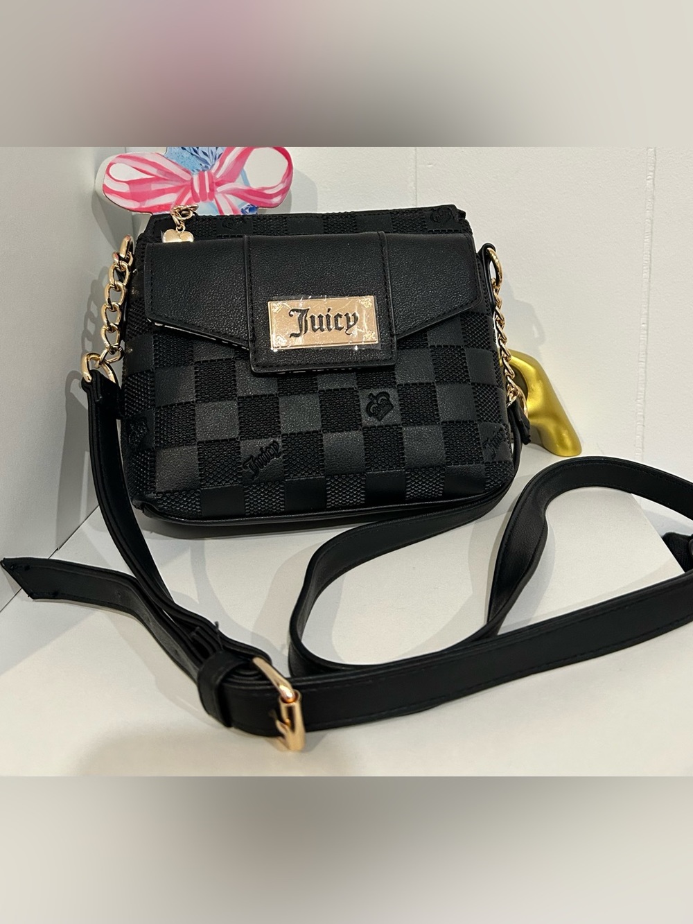 Juicy Couture Black Checkerboard Crossbody with Gold Plaque